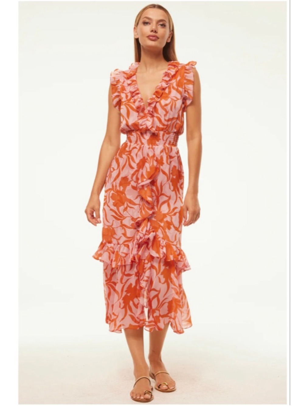 MISA Los Angeles Kidada Atlas Floral Desert Rose Ruffle Midi Dress S - Picture 1 of 13
